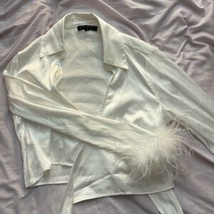 Satin Wrap Top with Feather Cuffs